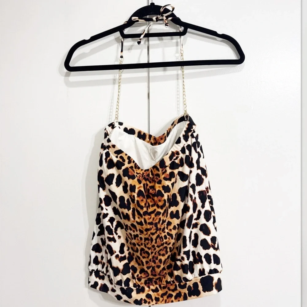 Vince Camuto Leopard Chain Halter Tankini Swim Top Size Small NEW